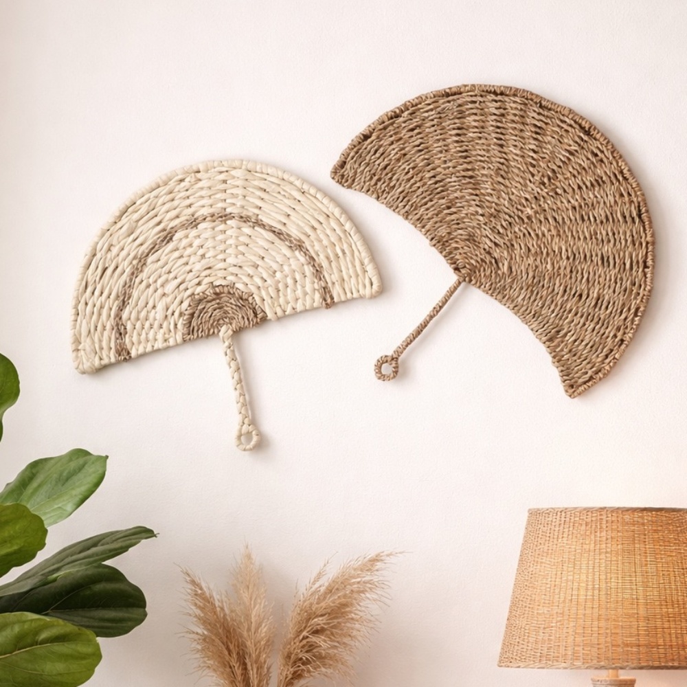 Handwoven Wicker Fan Wall Decor Set | Boho Coastal Farmhouse Accent